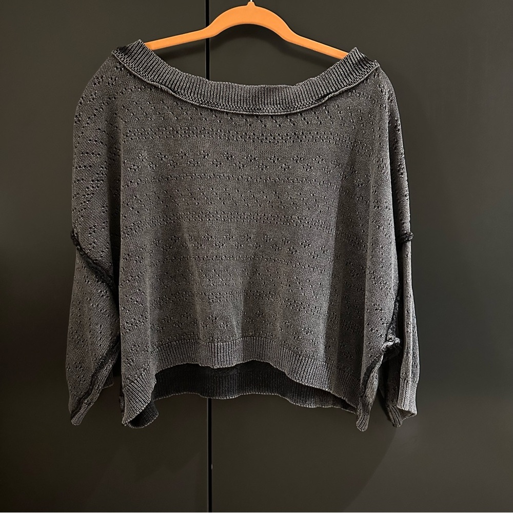 free people crop pointelle washed black off shoulder cotton summery sweater L